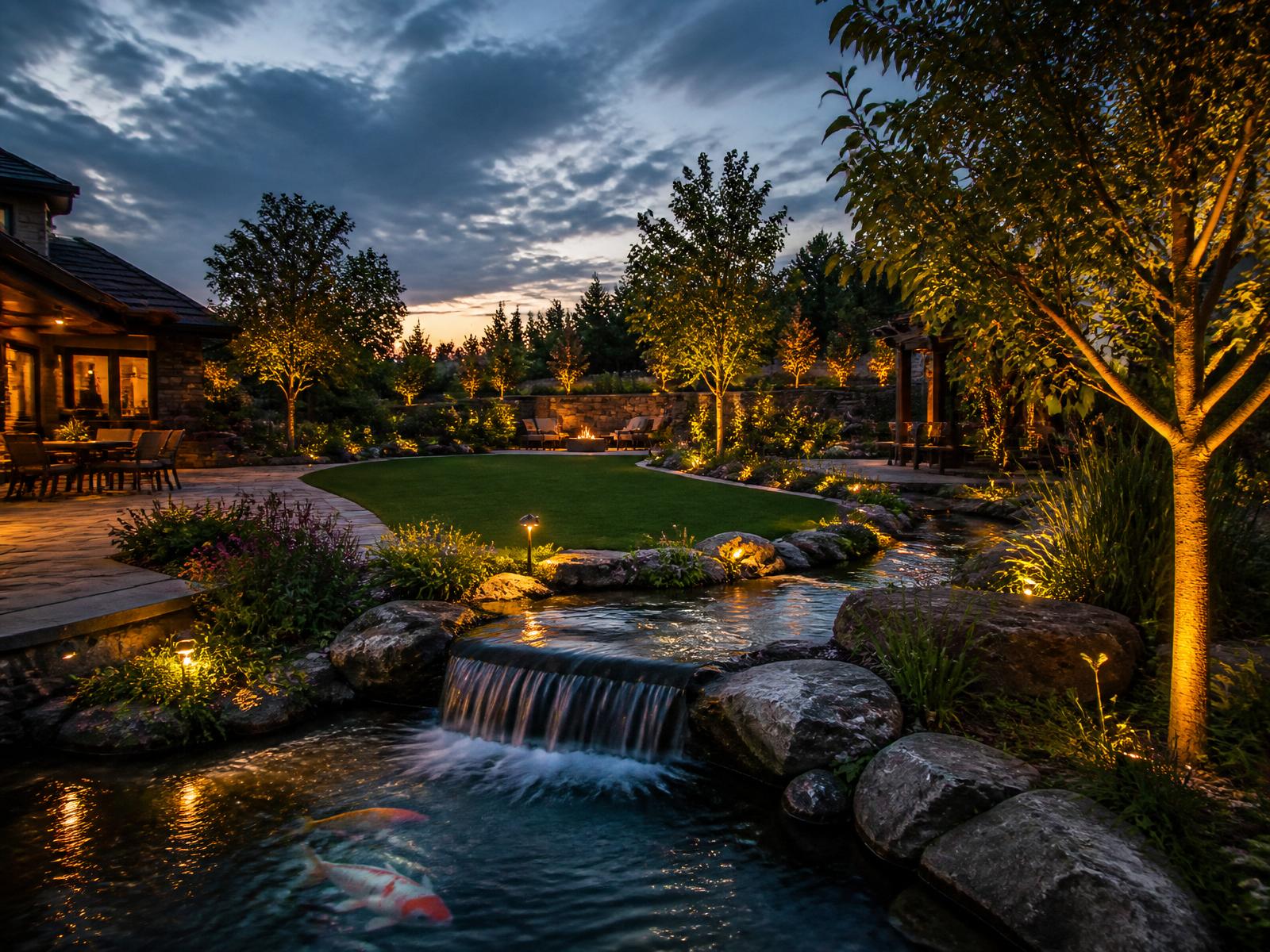 Beautiful lawn with premium landscape lighting and a stream-fed pond at dusk